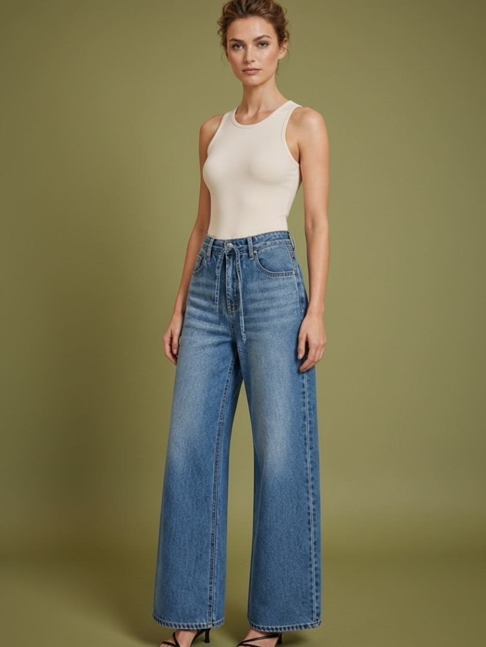 NWOT TGLA Mid Rise Tie Waist Wide Leg Cotton Denim Jeans 26